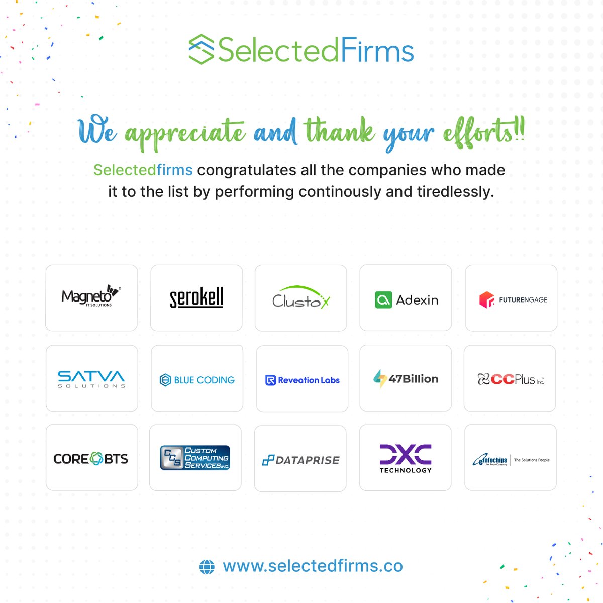 SelectedFirms sends a shout-out to all the top companies in the field of IT services companies in the USA: j1l.in/ZpSkTZ

Congratulations!
@magnetoit @serokell @clustox @adexincom 
@futurengage @satvasolutions @BlueCodingLLC 
@ReveationLabs @47Billion @ccplustuition