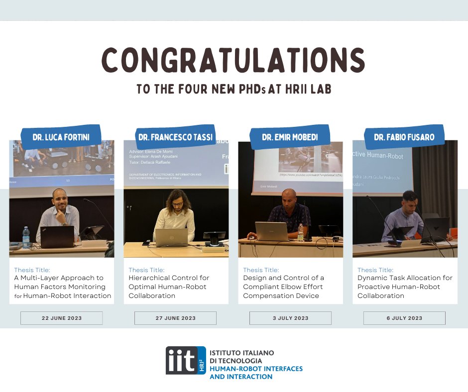 HRII lab continues to churn out talent! Four new PhDs just graduated in our lab.

Congratulations Luca Fortini <a href="/LUCA4TINI/">Luca Fortini</a>, Francesco Tassi, Emir Mobedi, and Fabio Fusaro, the HRI2 team is proud of you!
#robotics #PhD #research #technology
<a href="/IITalk/">IIT</a>