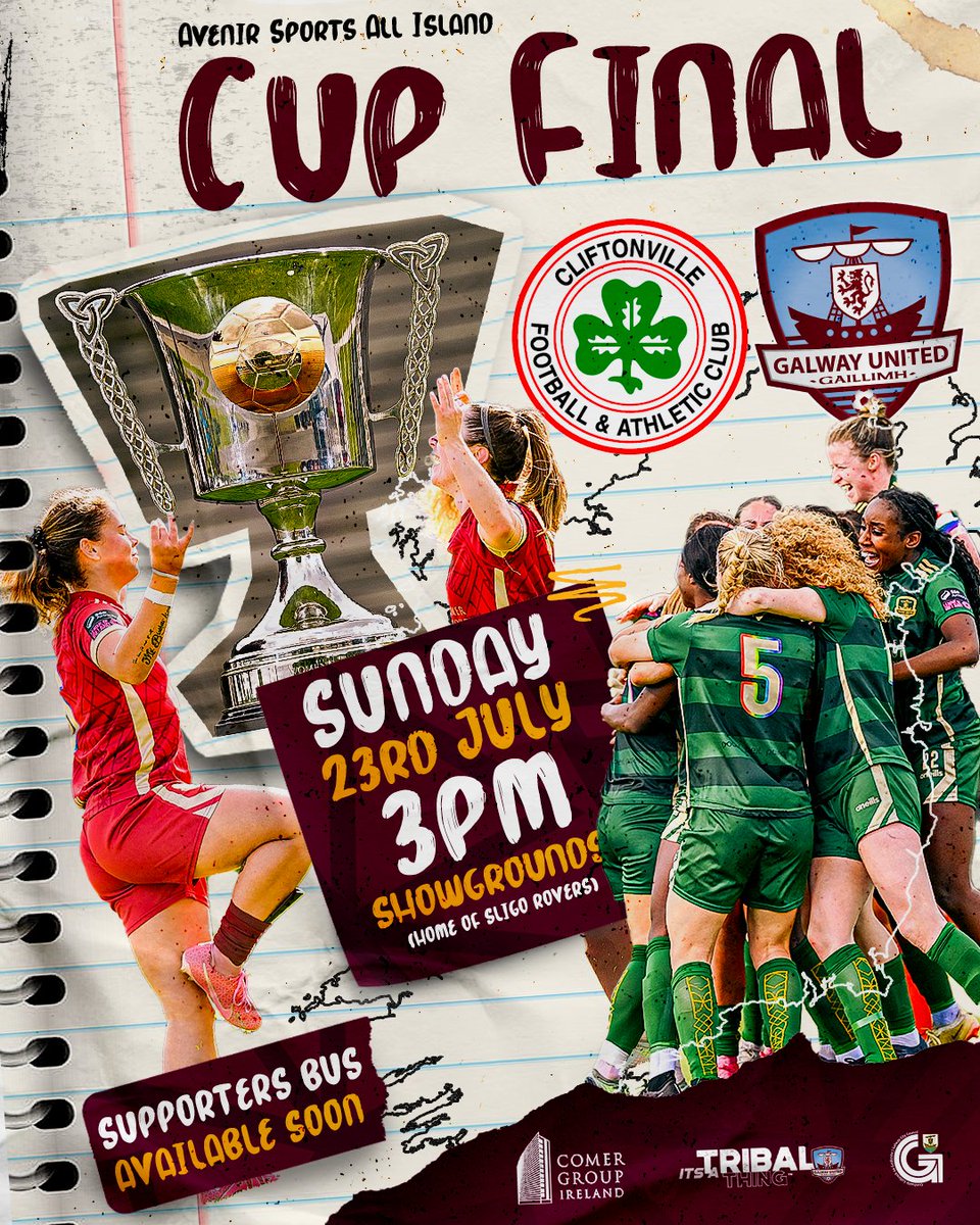 CONFIRMED 🚨: We have our date for the All-Island Cup Final 🏆

Cliftonville 🆚 Galway United
📆: Sunday 23rd July ⌚️: 3PM
🏟: The Showgrounds, Sligo

#ItsATribalThing | @AvenirSports | @LOIWomen