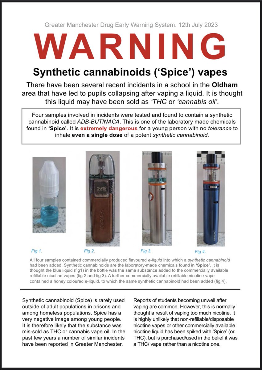 ⚠️WARNING!⚠️ 12 July 23

Multiple e-Liquid samples, confirmed by <a href="/MANDRAKE_LAB/">MANDRAKE</a>, to contain the synthetic cannabinoid (#SCRA), ADB-BUTINACA (concentration ranging from 1.7 - 2.5 mg/mL), circulating in #Manchester.

If unwell please seek medical attention.