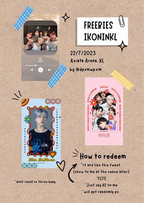 ✈️ iKON TAKE OFF IN KL FREEBIES ✈️

📍Axiata Arena
🗓️ 22 July 2023
⏰ TBA

How to redeem?
🛩️ RT &amp; Like this tweet (show me this tweet later)
🛩️ FCFS
🛩️ Say hi to me and make a ✌🏻at the venue

✨will get randomly pc from me

#iKON #iKONinKL <a href="/iKONIC_143/">iKON GLOBAL iKONIC</a>