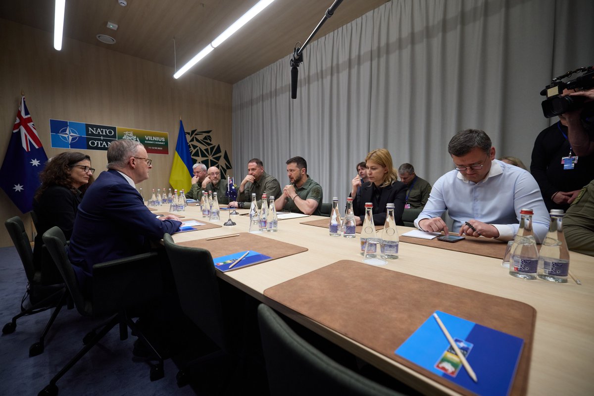 ZelenskyyUa's tweet image. In the framework of the NATO Summit in Vilnius, I met with Prime Minister of Australia Anthony Albanese @AlboMP.

We discussed the situation on the frontline, Ukraine's defense needs and further cooperation in this area. In particular, the possible expansion of military support…