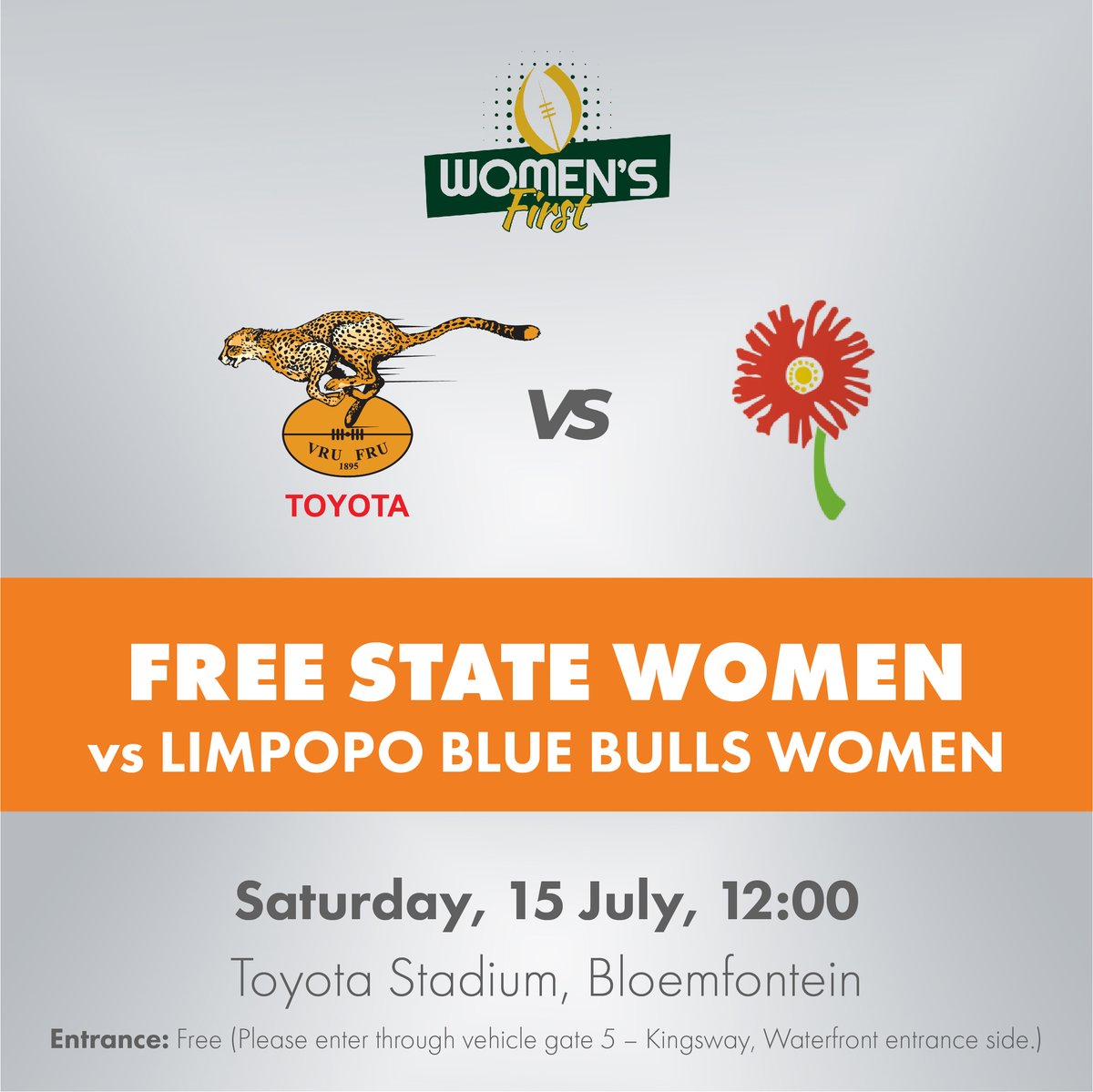 💥UPCOMING MATCH💥
🏉Free State Women vs Limpopo Blue Bulls Women🏉

📅Saturday, 15 July 2023
⏲️12:00
🏟️Toyota Stadium
🎟️FREE (Please enter through the vehicle gate 5 - Kingsway, Waterfront entrance side.)

<a href="/ToyotaSA/">@ToyotaSA</a>
