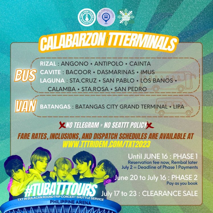 twoteentours's tweet photo. ๐จICYMI๐จ
Hey, MOA in CALABARZON! ๐
Here are the final terminals and vehicles for CALABARZON shuttles for #TubaTTTours! ๐ฆ
Get your shuttle tickets now at https://t.co/kpPIGeeoFi.
#TXTInBulacan #PHArenaShuttle #Act_Sweet_Mirage #CalabarzonShuttleService #CarpoolService https://t.co/W1Gob96Drt