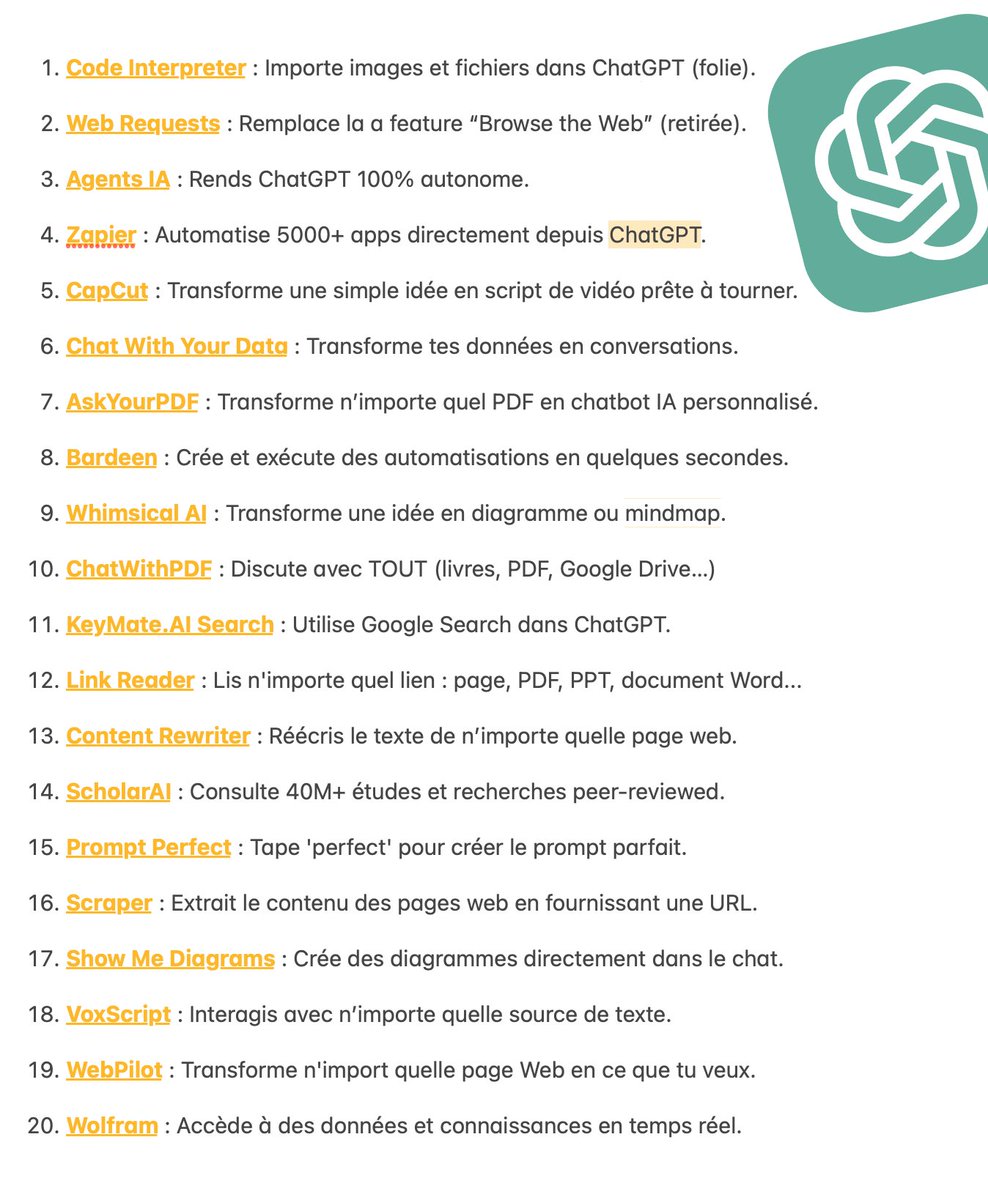BenoitDubos's tweet photo. Ces 20 plugins ChatGPT vont te transformer en MACHINE de productivité :

(Déroule le thread pour apprendre à les installer 👇) https://t.co/QLcLV71Yhv
