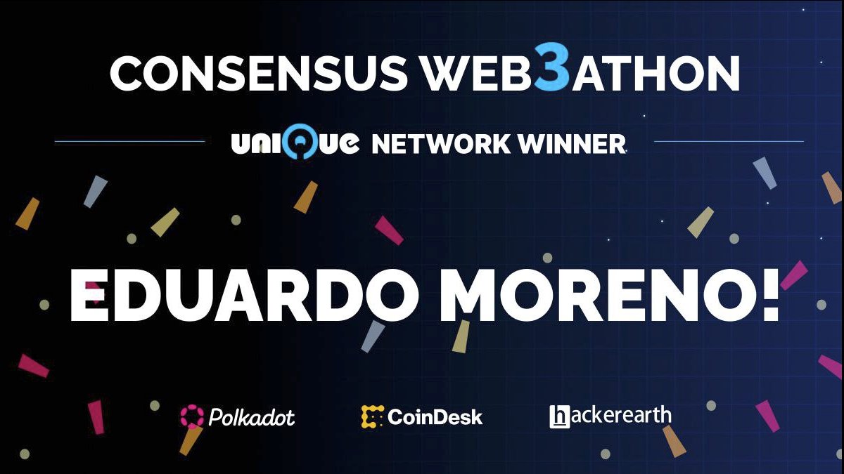 Unique Network (@unique_nftchain) on Twitter photo We're delighted to announce our winner of the <a href="/CoinDesk/">CoinDesk</a> & <a href="/HackerEarth/">HackerEarth</a> #Consensus2023 <a href="/Web3athon_xyz/">Web3athon 2023</a> Hackathon sponsored by <a href="/Polkadot/">Polkadot</a>!
A HUGE congratulations to Eduardo Moreno (<a href="/emoreno911/">Eduardo</a> ) & his team <a href="/lightningrobot_/">Lightning Robot</a> for their winning entry, NESEE - A #NFT studio tool 🥳🕺 We're delighted to announce our winner of the <a href="/CoinDesk/">CoinDesk</a> & <a href="/HackerEarth/">HackerEarth</a> #Consensus2023 <a href="/Web3athon_xyz/">Web3athon 2023</a> Hackathon sponsored by <a href="/Polkadot/">Polkadot</a>!
A HUGE congratulations to Eduardo Moreno (<a href="/emoreno911/">Eduardo</a> ) & his team <a href="/lightningrobot_/">Lightning Robot</a> for their winning entry, NESEE - A #NFT studio tool 🥳🕺