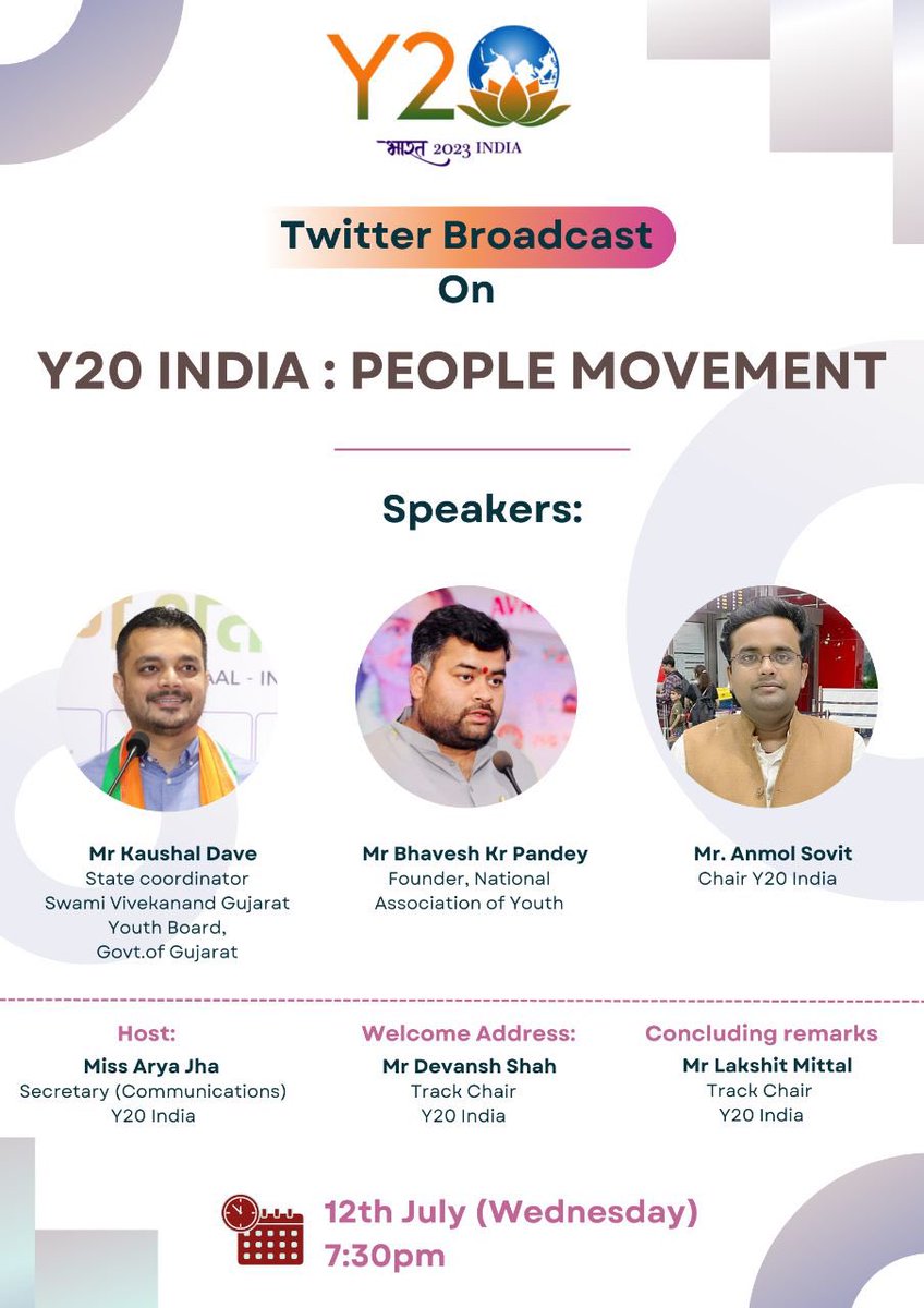 ikaushaldave's tweet photo. Join @IndiaY20's Twitter Space 🗣️

I invite you to be part of an engaging discussion on how #Y20India has transformed into a people's movement.

Join Me and Mr. Bhavesh Kr Pandey, Founder of the National Association of Youth, and Mr. @AnmolSovit, Chair of Y20 India, as We will share insights and ideas.

Join Me at 7:30 PM 🕖

🔗: https://t.co/oRUXR3mXoG
