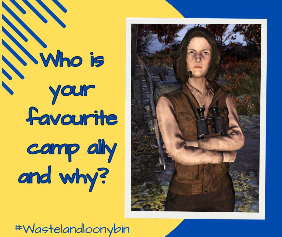 Following on from the last question. Who is your favourite camp Ally? 
I like the settler wanderer, I just wish she actually had a proper name! And that she didn’t like to take all her clothes off at every chance she gets! #FO76 #Fallout76 <a href="/EJCook/">Emma Cook (writer and artist)</a>