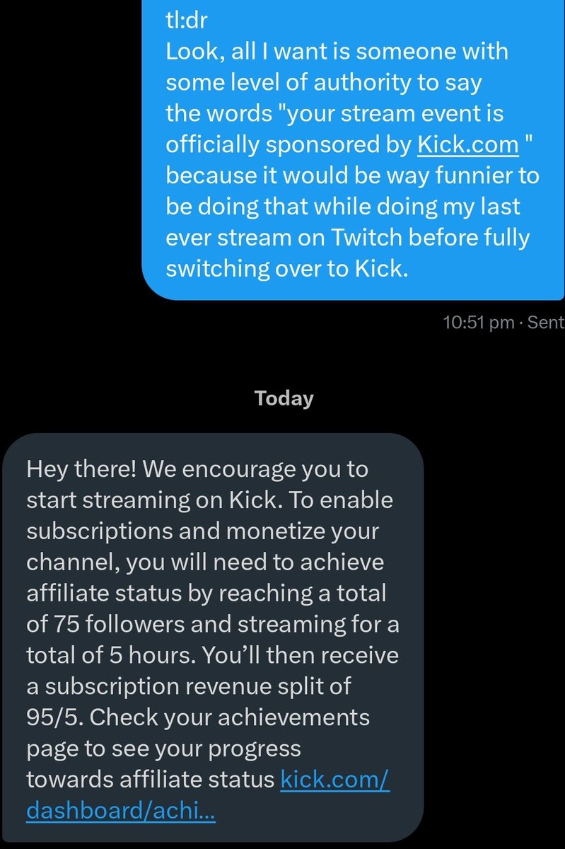 Automated response from <a href="/kick/"></a> hurt. 
Taking this to <a href="/Trainwreckstv/">Trainwreck</a> . What can I do to make this happen?