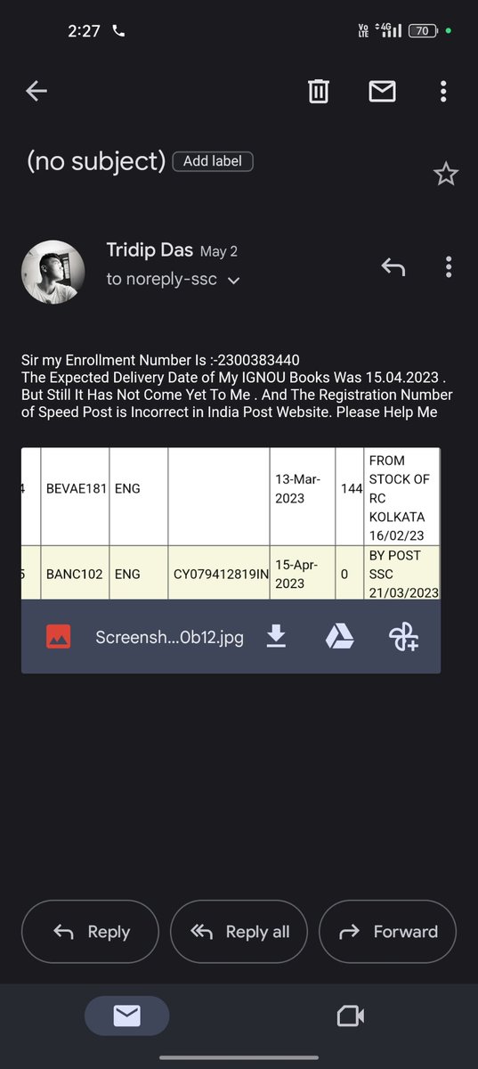 iam_trd17's tweet photo. @OfficialIGNOU 
Sir , 
        I'm Tridip Das . My Enrollment ID is:-2300383440. I've not Received My Study Material Till Now .And When I Check My Study Material Status It Still Shows Me The Expected Delivery Time Is 15.04.2023 but Alas! It Still Now 24.06.2023.Solve It Please https://t.co/9Mwz7ch9XC