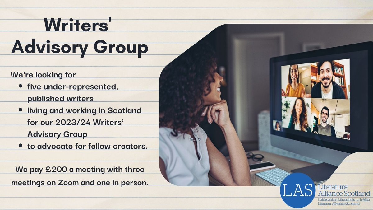 Applications for LAS’ fourth Writers’ Advisory Group are open! Are you an under-represented writer living & working in Scotland? We pay £200/meeting for four meetings where you share your expert knowledge & experience on the issues affecting writers today! literaturealliancescotland.co.uk/paid-opportuni…