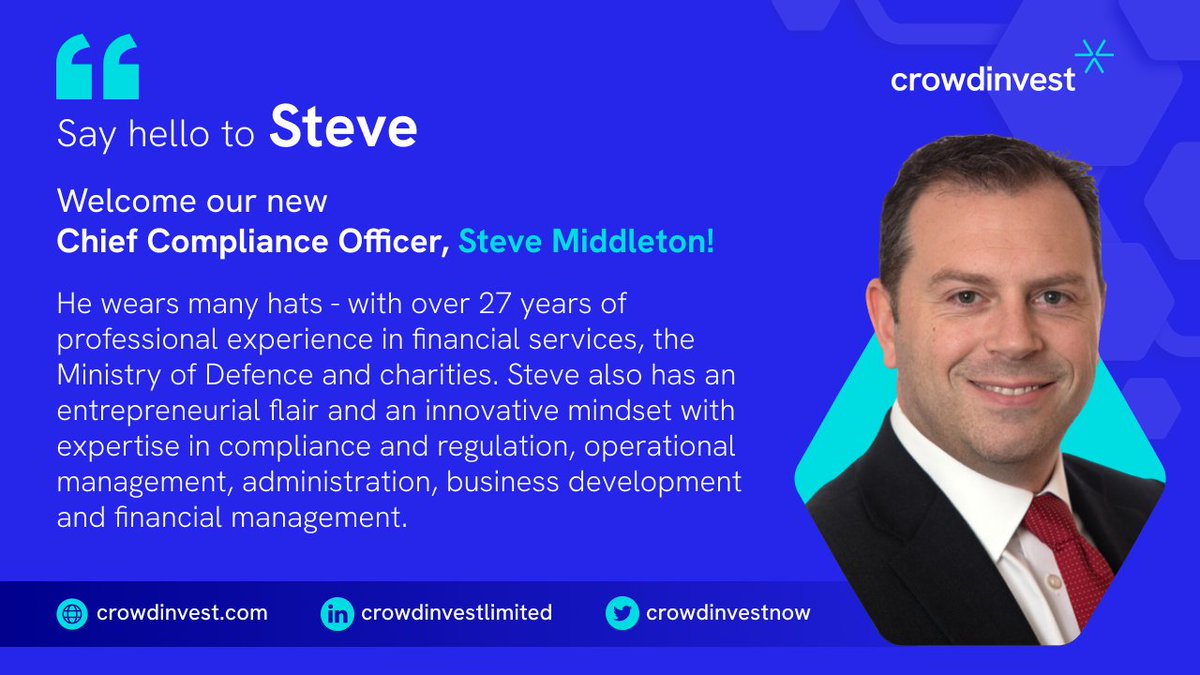 Join us in warmly welcoming our newest team member, Steve Middleton - a credible Chief Compliance Officer here to ensure CrowdInvest remains FCA compliant in its activities and operations. Learn more about Steve: linkedin.com/in/steve-m-mid… #NewEmployee #OfficeLife #Team