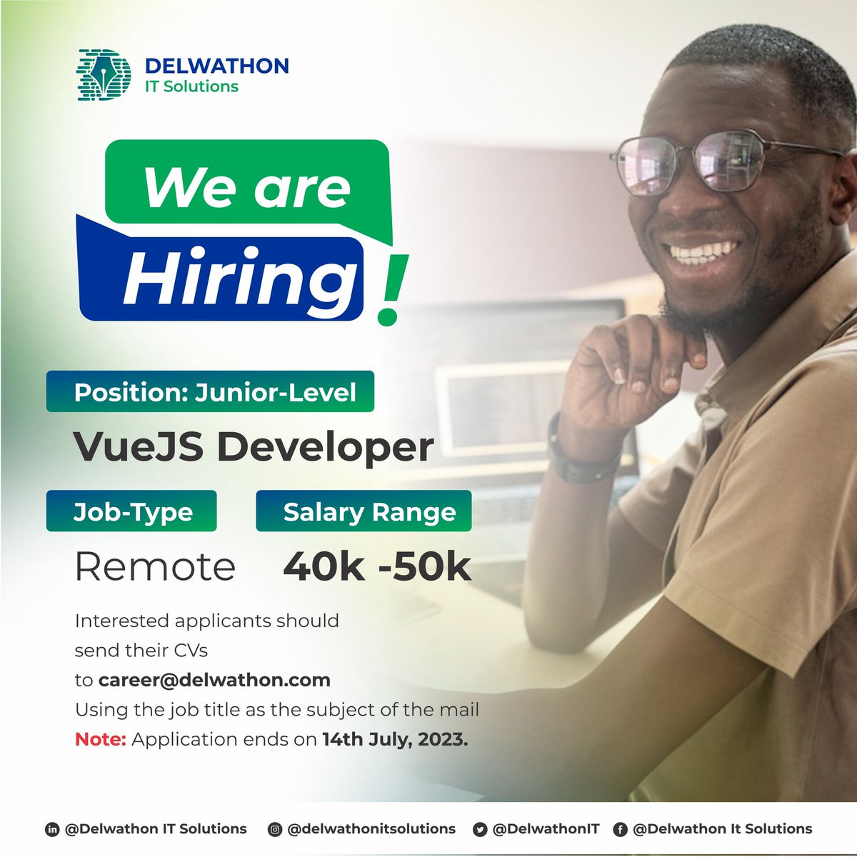 We are hiring a junior VueJS Developer 

Job type: Remote

Interested applicants should send their CV to career@delwathon.com 

#jobsearch #techcompany  #techsavvy #vacancy  #jobsinnigeria #careeropportunities #Lagos #AbujaTwitterCommunity
