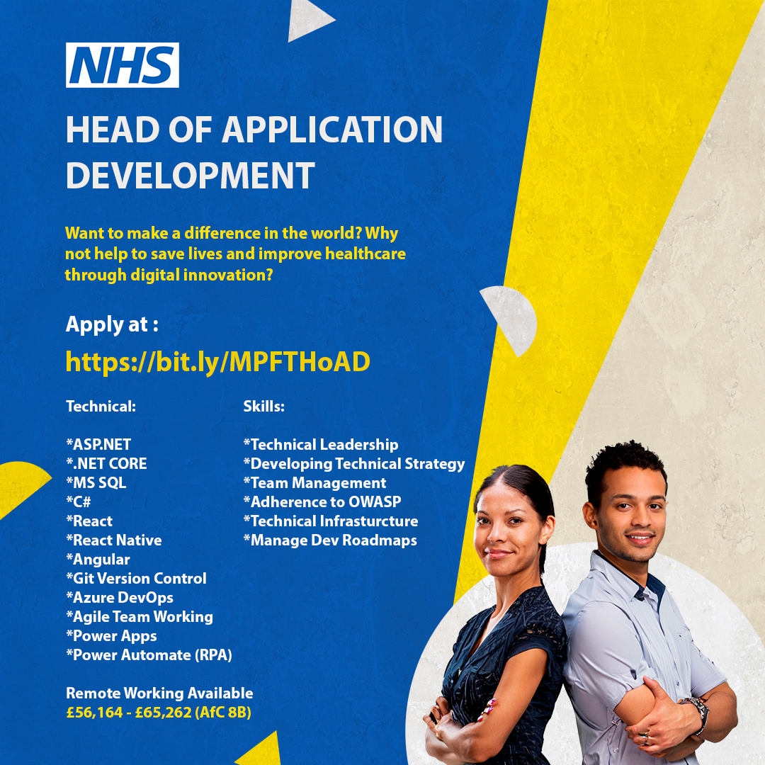 We are looking for a Head of Application Development. This is a fantastic opportunity to make a real difference to how health and social care is delivered.

If you are interested, get in touch or read more at bit.ly/MPFTHoAD 

#opportunity #nhs #MPFTDigital