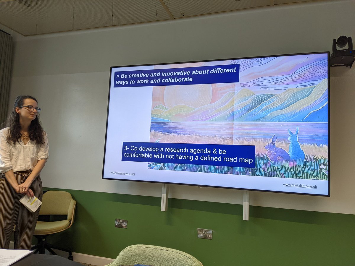 Get over yourself. Get rid of status and work together as people with our own life experiences to bring to the table. Really refreshing to hear how we can best do #CommunityEngagement and challenge the norms of research involvement from <a href="/RecoveryCoCo/">ReCoCo</a>