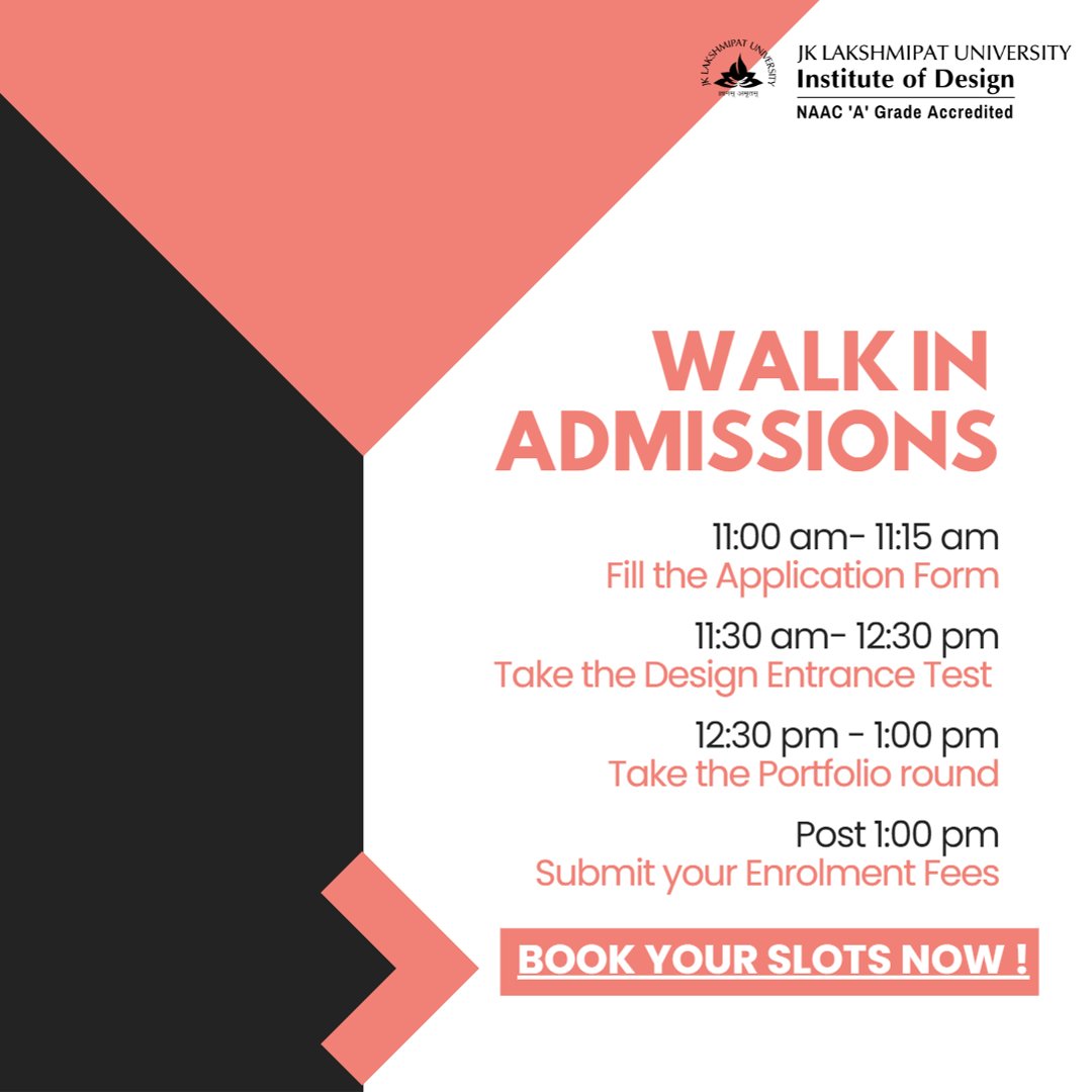 jklujaipur's tweet image. Attention Prospective Students! 🎓

🔥 Get ready for the Walk-in Admission Process happening this Sunday, 16th July during the Open House on our vibrant campus!

🌟 Secure your spot in our esteemed institution with an accelerated journey to success! ✨

#JKLU #instituteofdesign
