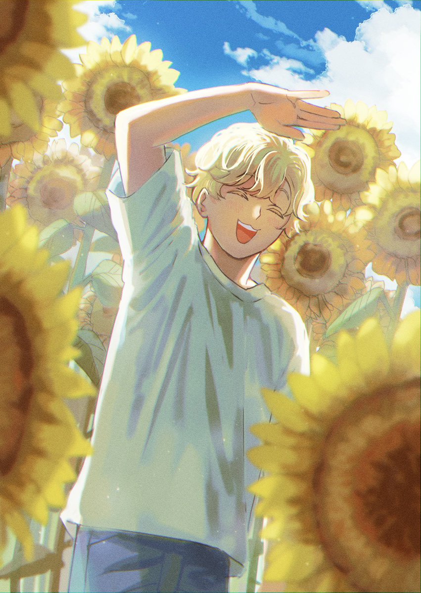 sunflower 1boy flower male focus closed eyes blonde hair shirt  illustration images