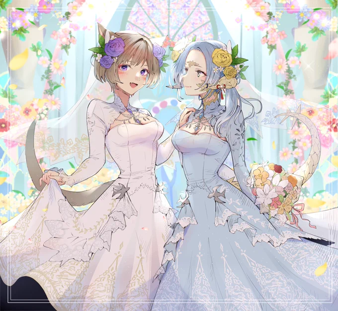  happy wedding #FF14 #FF14art #FF14イラスト #アウラ #ミコッテ 