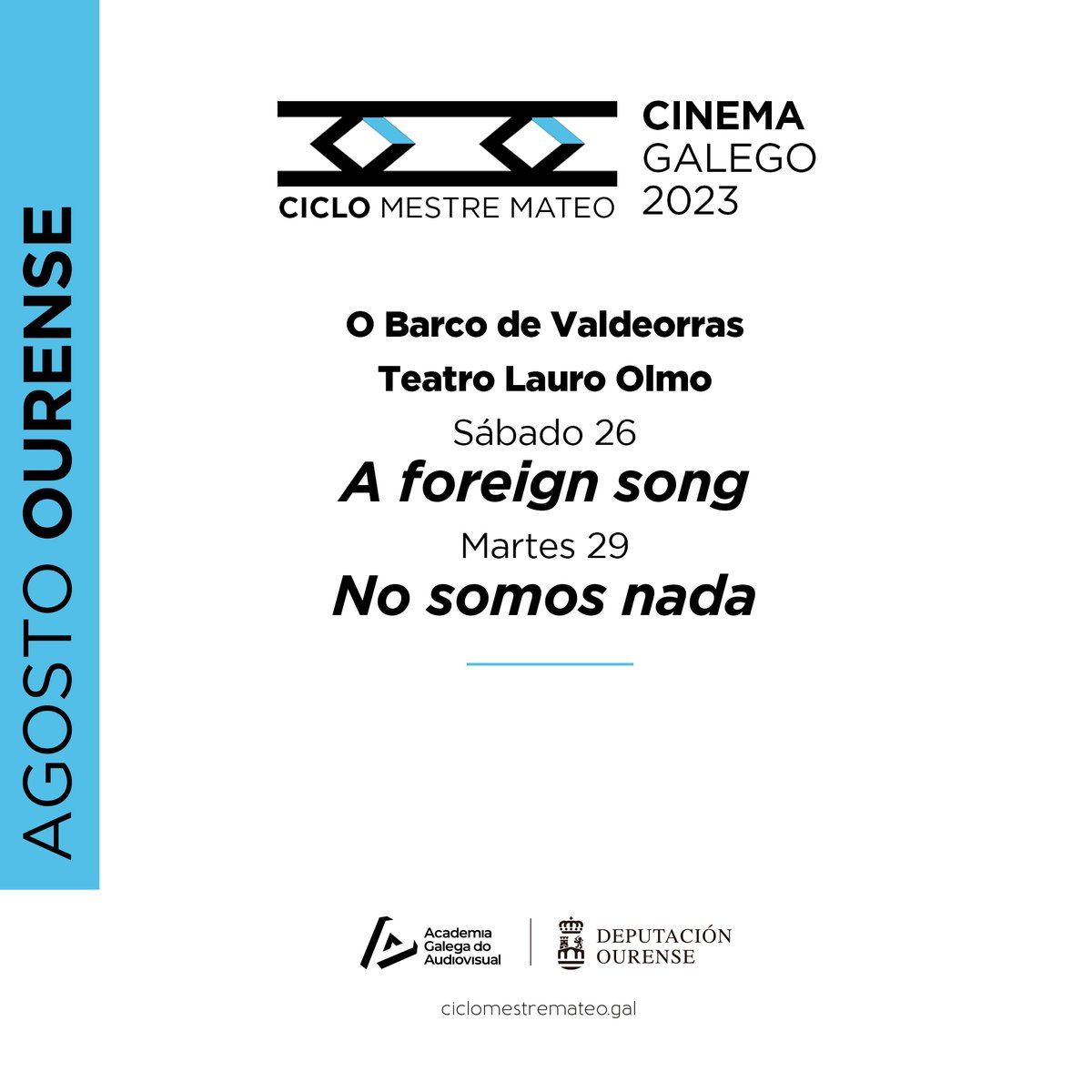 AcademiaGalegaA's tweet photo. 📽  Dous filmes do #CicloMestreMateo proxéctanse en agosto na provincia de Ourense 👇

📍@ConcellodoBarco   

Consulta a rede de salas 👉 https://t.co/8zmgBCaFnT 

🤝 Co apoio de @DeputacionOU https://t.co/FvW1HvGS6z