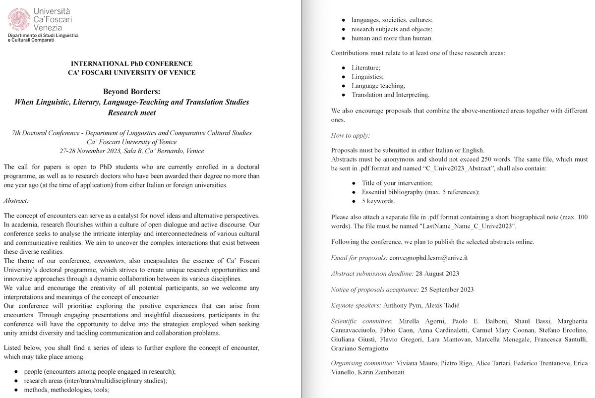 AnthonyPym3's tweet photo. CFP: INTERNATIONAL PhD CONFERENCE, CA’ FOSCARI UNIVERSITY OF VENICE
Beyond Borders: When Linguistic, Literary, Language-Teaching and Translation Studies Research Meet, 27-28 November 2023 https://t.co/5OfaQ9xbJ4