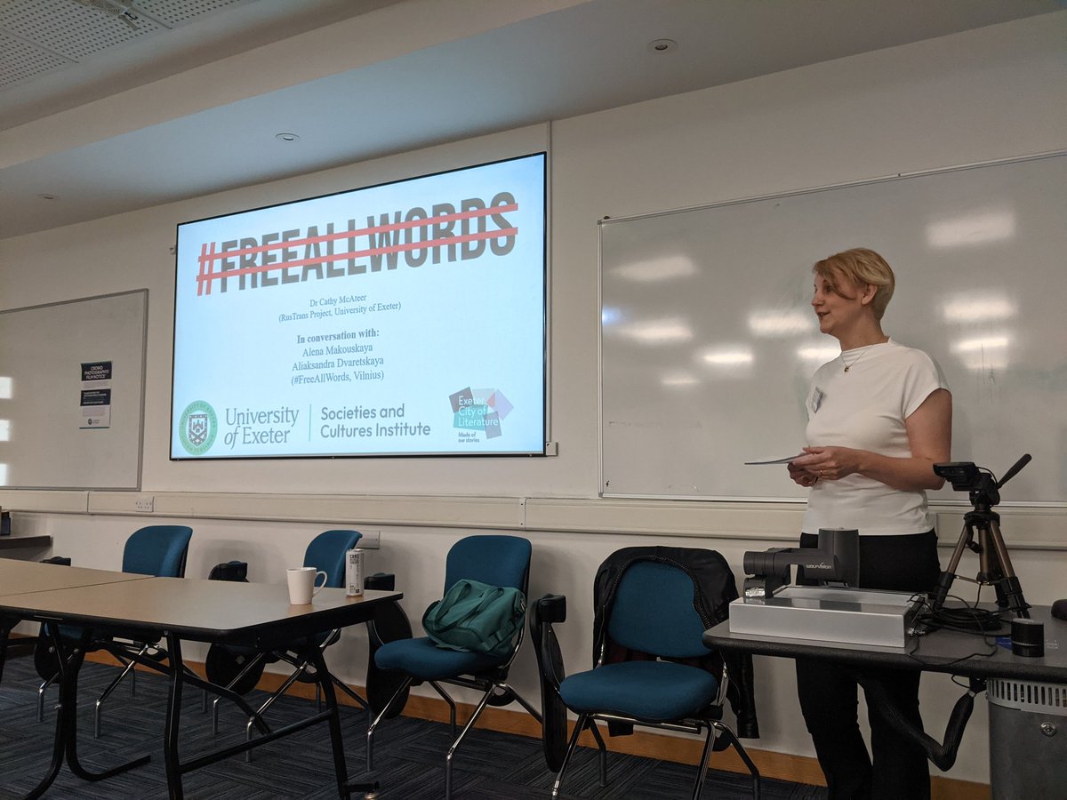 Our @ERC_Research scholar Dr @CathyMcAteer1 speaking about #FreeAllWordstoday with colleagues from Belarus and Vilnius @ExeterModLangs @ExeterCityofLit