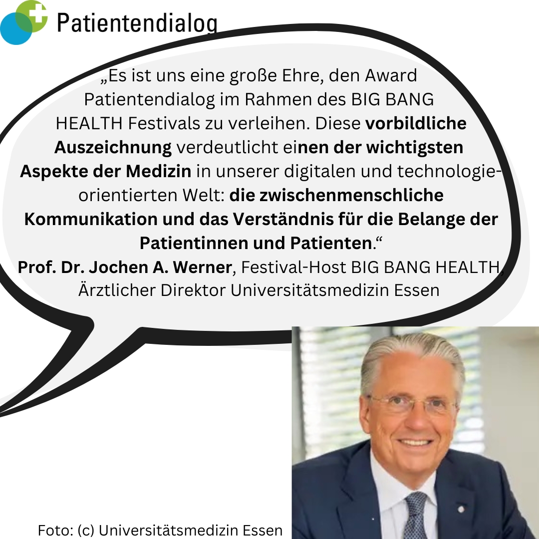 Der Patientendialog kommt noch größer raus – vielen Dank an Prof. Werner 👍👏, Ärztlicher Direktor Universitätsmedizin Essen und Festival-Host BIG BANG HEALTH. Dank Prof. Werners Unterstützung vergeben wir den Award im September auf dem BIG BANG HEALTH Festival! #bigbanghealth