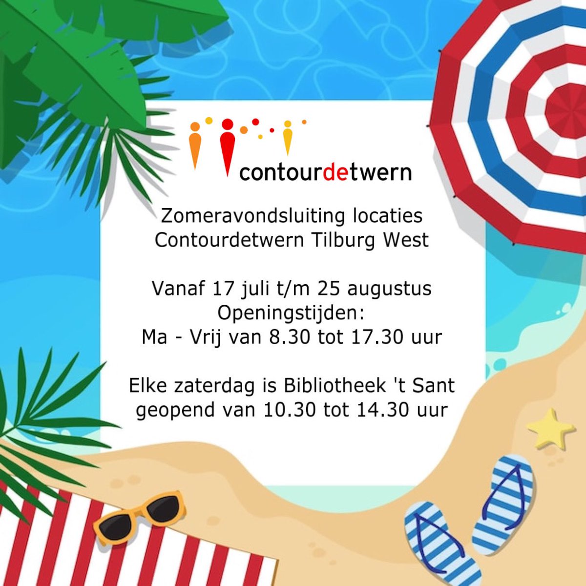 🏖️ Zomeravondsluiting <a href="/ContourdeTwern/">ContourdeTwern</a> @West_Tilburg 
📅 Vanaf 17 juli t/m 25 augustus 
Openingstijden:
Ma - Vrij van 8.30 tot 17.30 uur
📚 Elke zaterdag is <a href="/bibliotheekmb/">Bibliotheek MB</a> 't Sant geopend van 10.30 tot 14.30 uur
🍽️ <a href="/RestoTilburg/">VanHarte Tilburg</a> op de donderdagen gaat door. #nooitalleen