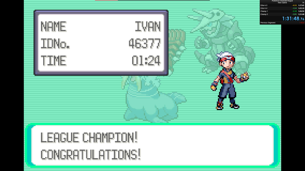 Super late tweet, but I've been really enjoying speedrunning Pokemon Emerald Rogue this week, and am pretty happy with how much time I've already shaved off. Gonna try to get it even lower this week. The run is super fun I hope more people try it.