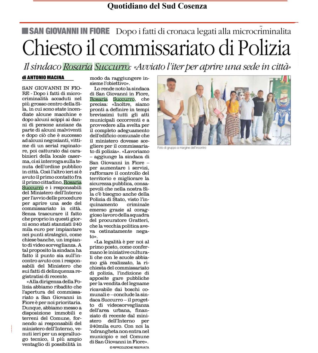 RosariaSuccurro's tweet photo. 🔵🗞 SAN GIOVANNI IN FIORE | Chiesto il #Commissariato di #Polizia. Avviato l'iter per aprire una sede in città'.
_____________________________________
#rassegnastampa (dal Quotidiano del Sud) https://t.co/mnPshbjmrg