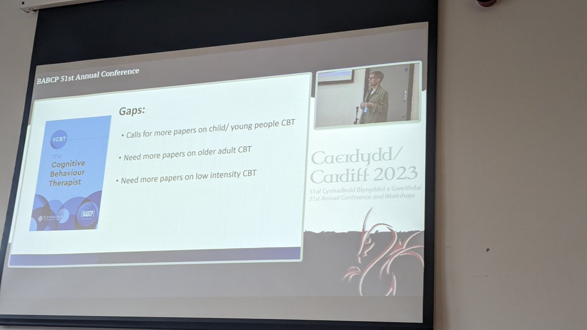 BABCPLISIG's tweet photo. Richard Thwaites calling for more low intensity submissions to the CBT journal. #BABCP2023 https://t.co/sWla8YZu10