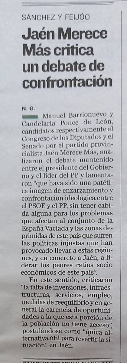 ¿Apuestan el @PSOE o el @ppopular por la #jaen? Ya vimos en el #debate que ni #Sánchez ni #Feijóo hicieron referencia al gran problema nacional, que afecta de lleno a #Jaén, del #retodemográfico, #ReequilibrioTerritorial y la #convergencia. VOTA JAÉN MERECE MÁS. @EspanaVaciada