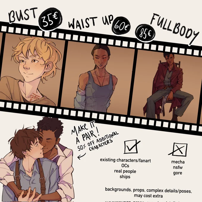 hello, i have open commission slots for character illustrations! if you are interested or have any questions hit me up :)  #commissionsopen