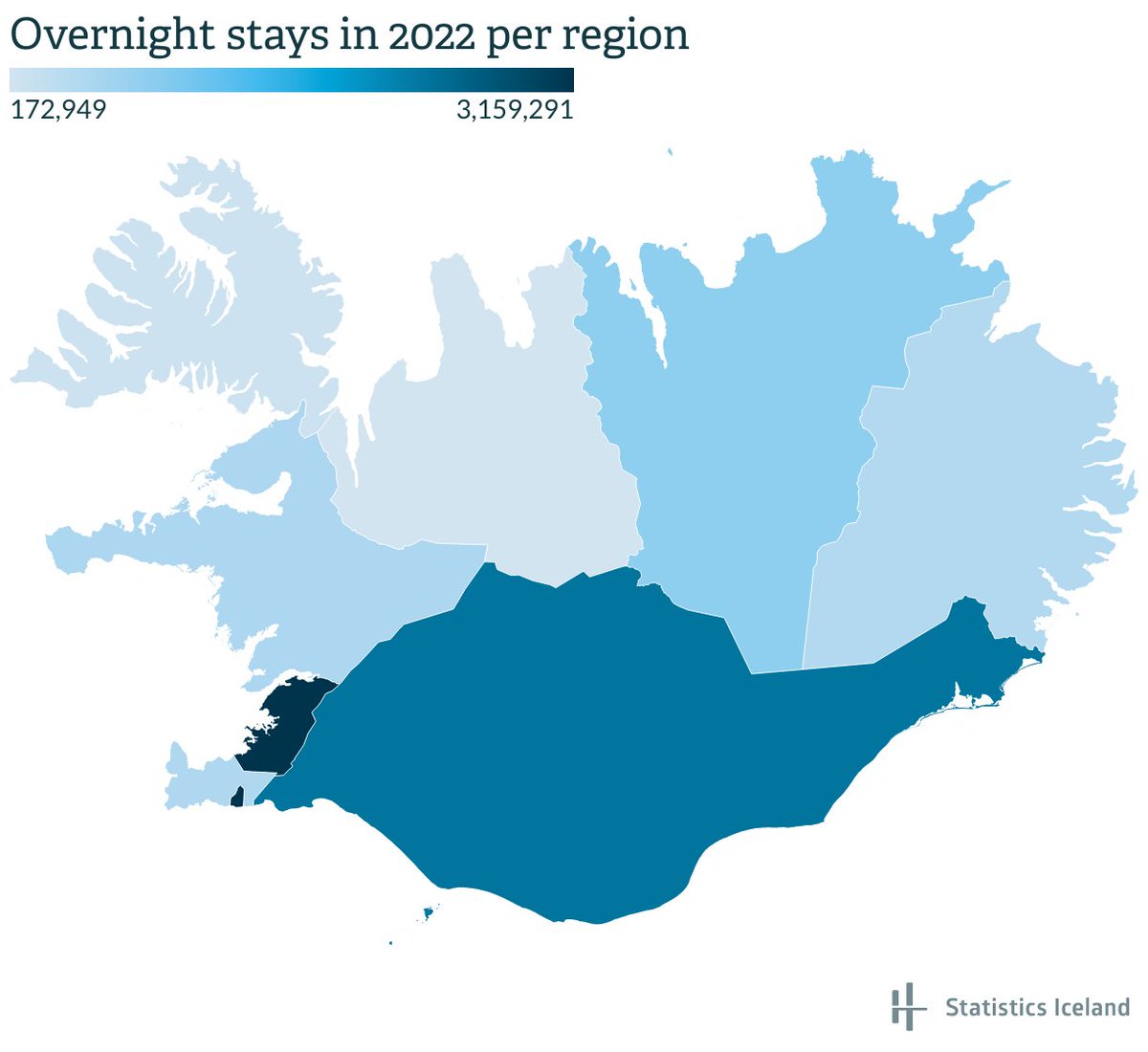 Overnight stays in registered accommodation in #Iceland in 2022 were 8.55 million, compared with 5.01 million in 2021. There was an increase in the number of overnight stays between years in all regions. statice.is/publications/n…