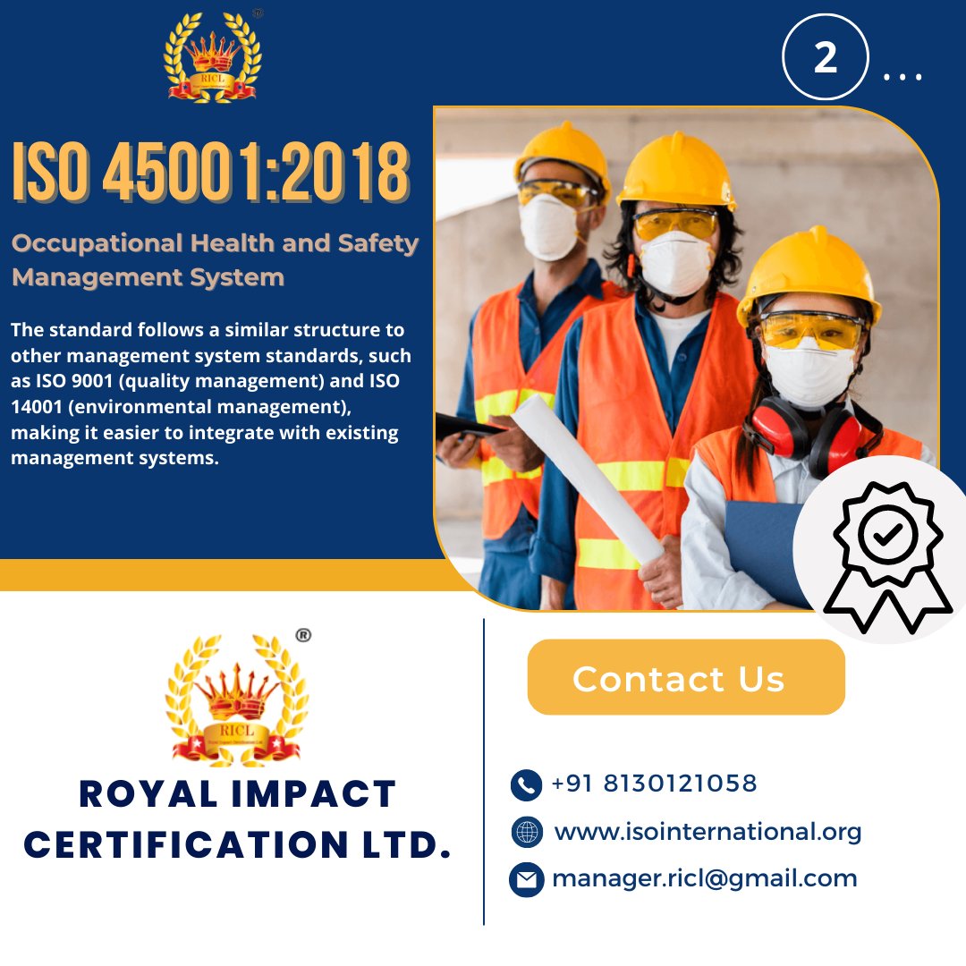 ricliso2047's tweet photo. ISO 45001:2018 specifies requirements for occupational health and safety (OH&S) management systems. #iso9001,#ISO, #SEDEX, #CE,#FCC, #ROHS #GMP, #USFDA, #CMMI, #KOSHERCertification, #Halal, #isocertificationbody #royalimpactcertificationltd #isocertification https://t.co/D27spYeZKo