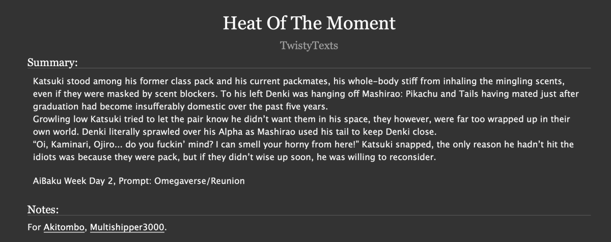 TwistyAfterDark's tweet photo. Day 2 of #AiBakuWeek HEAT OF THE MOMENT. With prompts from @aibakuweek Omegaverse/Reunion.
Also a huge thanks to @Akiwrites1 and @MShipper3000 for introducing me to the cameo ship in this one! 
Hope you all enjoy! 🖤🧡 
https://t.co/RUJEFE43K0 https://t.co/38CpoqlHUA