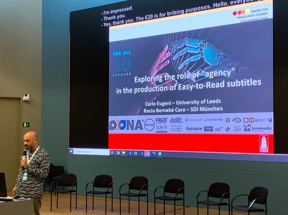 ToValidate's tweet image. Last week, Carlo Eugeni took part in the #media4all10 Conference 
👉Carlo tries to show how people with reading difficulties participate as agents in the production of audiovisual material subtitled in E2R and introduce T2V #ErasmusPlus project
More info: uantwerpen.be/en/conferences…