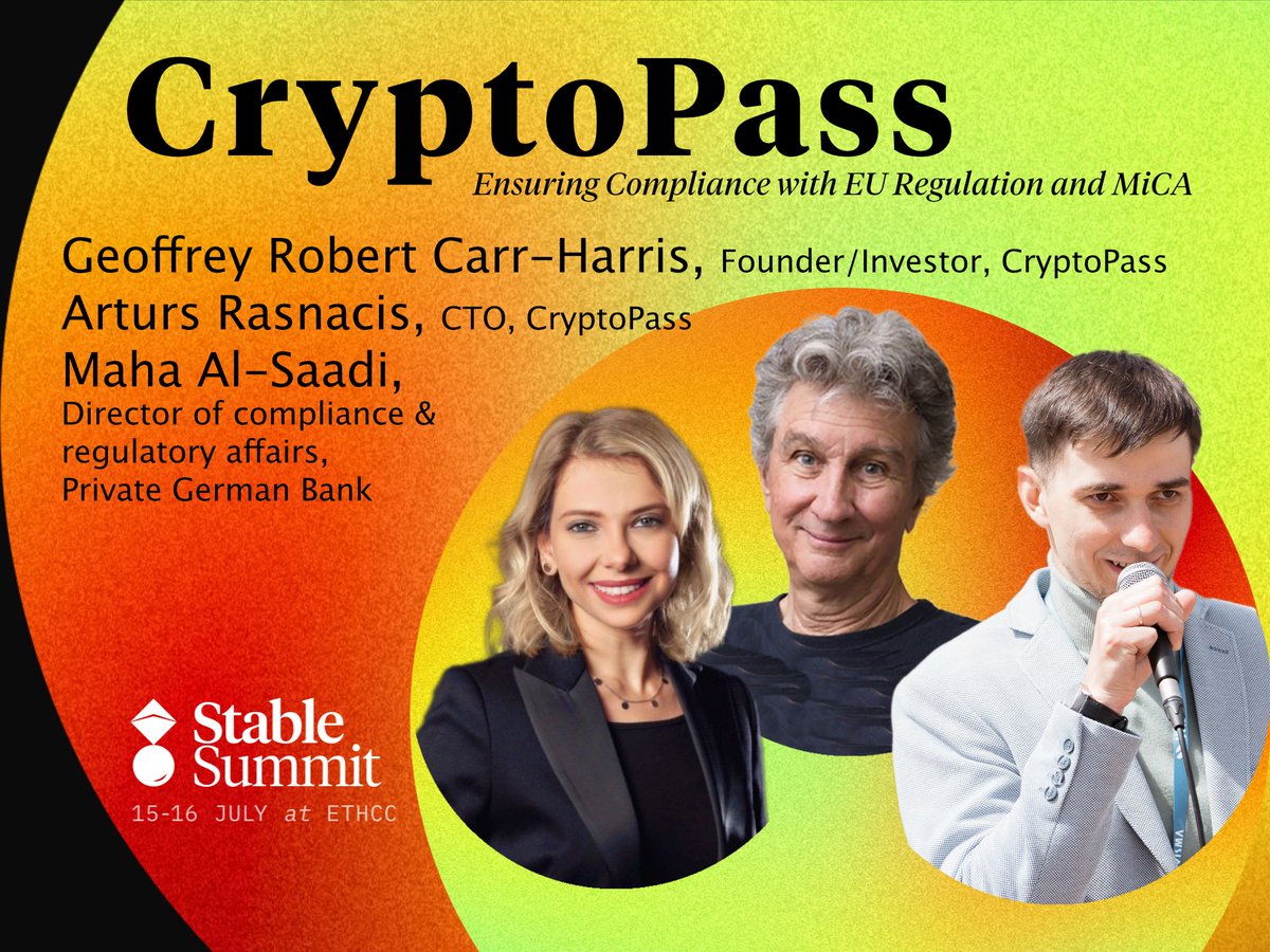 stable_summit's tweet photo. Join CryptoPass for a dedicated workshop at #stSummit
Feat:
💠@gcharris, Founder/Investor, CryptoPass
💠Arturs Rasnacis, CTO, CryptoPass
💠@mamamimi20312 Director of compliance & regulatory affairs, Private German Bank
Dive into stablecoin regulations at https://t.co/LzmB6HCJ0b https://t.co/BmnissL1ik