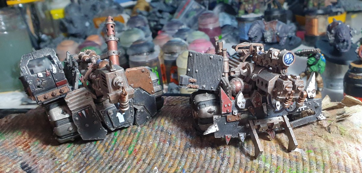 ElCone93's tweet photo. @warhammer These have gotta be some of my favorites - Warboss from a beast boss, grossified Helbrute, my Death Guard lord from the bellboi and my Kustom Mega Kannons from a Trukk kit! https://t.co/rZKf4dHdfE