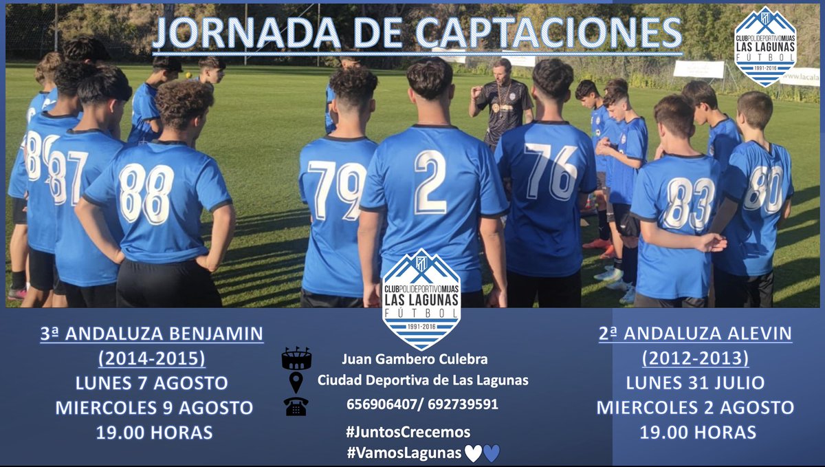 cpmlaslagunas's tweet photo. 🚨⚪️🔵JORNADA D CAPTACIONES:

⏩️3ª And Benjamín (2014-2015)
🗓️ Lunes 7 y Miércoles 9 d Agosto
⌚️19.00 H

⏩️2ª And Alevín (2012-2013)
🗓️Lunes 31 d Julio y Miércoles 2 d Agosto
⌚️19.00 H

🏟️Juan Gambero Culebra
📍Ciudad Deportiva Las Lagunas 

#JuntosCrecemos
#VamosLagunas 🤍💙 https://t.co/PivWNifjKu