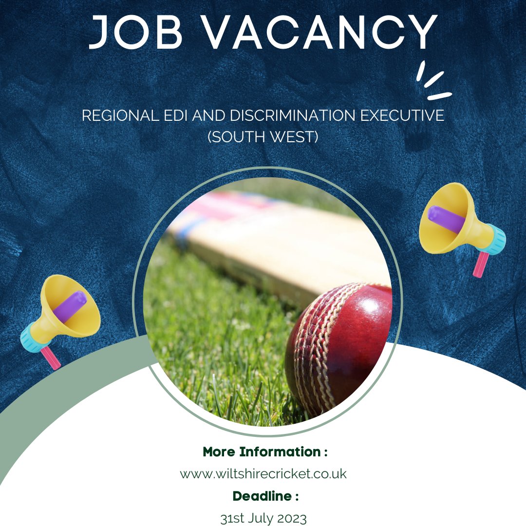 🔊 Job Vacancy 🔊

🟢 Regional EDI &amp; Discrimination Executive (South West)

🏏 We have an exciting new role in partnership with
<a href="/SomCricketFDN/">Somerset Cricket Foundation 🏏</a> <a href="/GlosCricketFdn/">Gloucestershire Cricket Foundation</a> <a href="/CornwallCricket/">Cornwall Cricket</a> <a href="/DevonCricket/">Devon Cricket Foundation</a> 

🗓️ Closing: 31st July 2023 

➡️ Full details available here; wiltshirecricket.co.uk/news/2023-07-1…