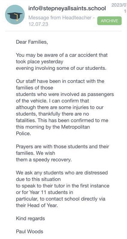 Headteacher of @StepneyAS released statement regarding a car crash involving students celebrating their prom.