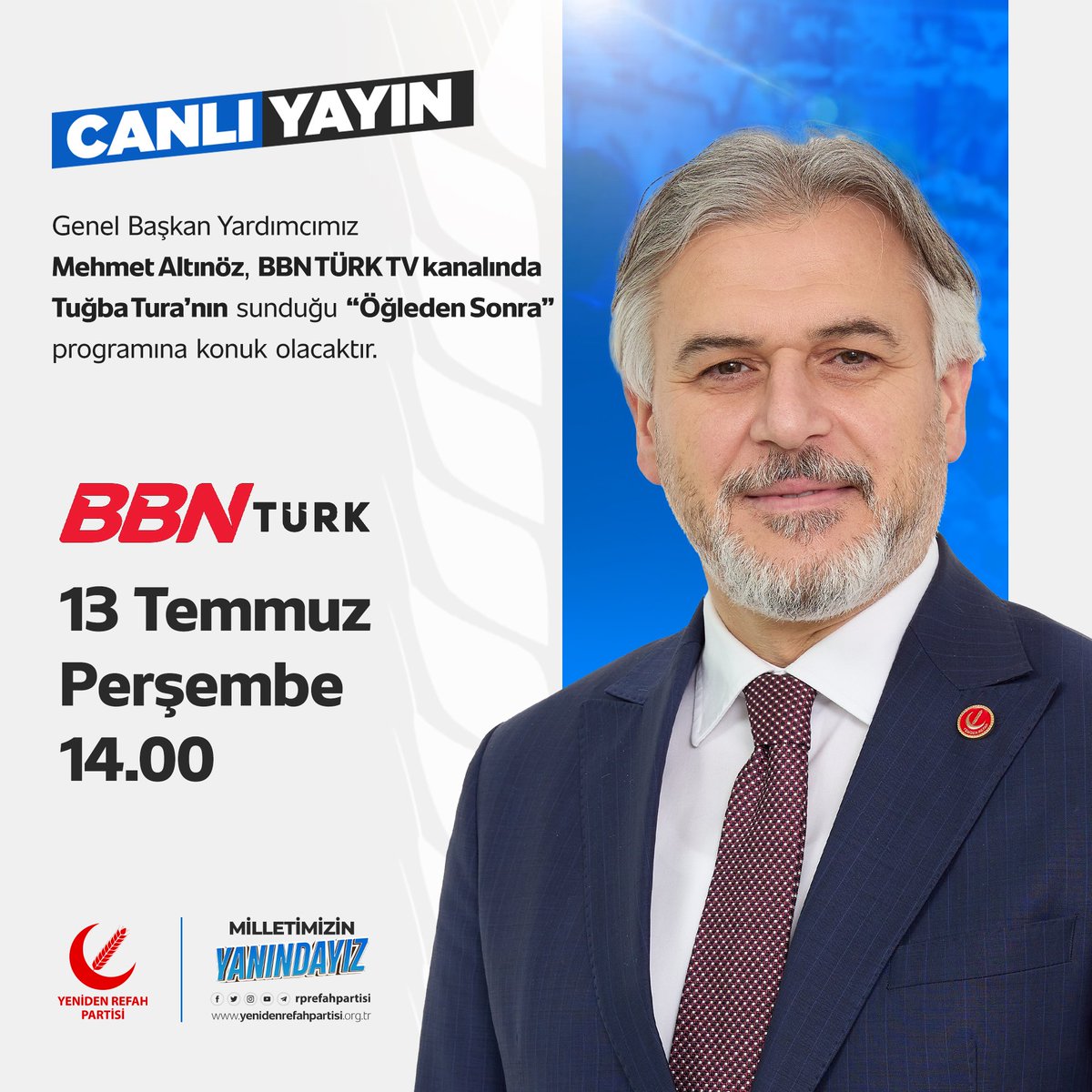 13 Temmuz Perşembe günü saat 14.00'da BBN TÜRK TV'de Tuğba Tura'nın sunduğu 'Öğleden Sonra' programına konuk olacağım. İyi seyirler dilerim.
@bbnturktv