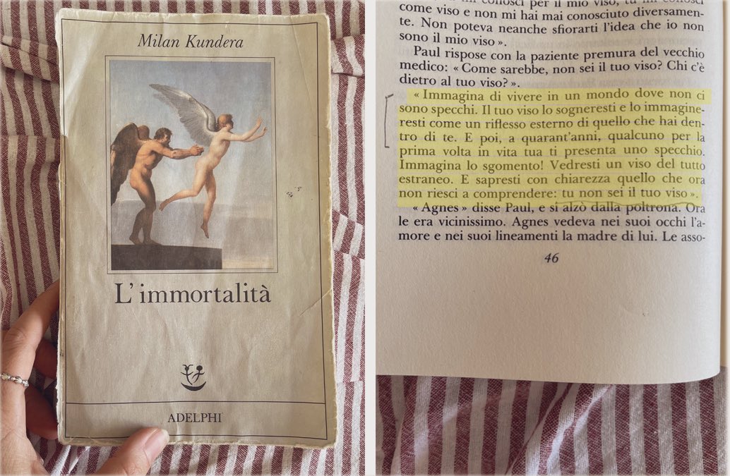 «Immagina di vivere in un mondo dove non ci sono specchi. E poi, a 40 anni, qualcuno ti presenta uno specchio […] sapresti con chiarezza quello che ora non riesci a comprendere: tu non sei il tuo viso».

L’immortalità di Milan Kundera è il libro che ho letto, riletto, straletto.