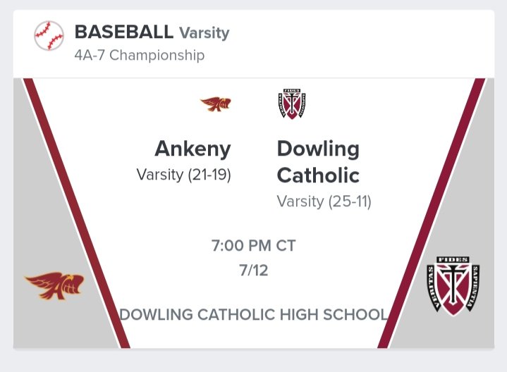 Bound Iowa (@bound_ia_) on Twitter photo π4A-7 Championshipπ
βΎ Ankeny π Dowling Catholic
π
Wednesday, July 12, 2023 - 7:00 PM CT
π Dowling Catholic HS
πΊ lucky.lvstreamhd.com/baseball
<a href="/AnkenyBaseball/">Ankeny Baseball</a> <a href="/Ankeny_Hawks/">Ankeny High School Activities</a> <a href="/AnkenySchools/">Ankeny Schools</a> <a href="/Ankeny_HS/">Ankeny High School</a> <a href="/hawks9th/">AHSHawks9thBaseball</a> <a href="/AnkenyFanatic/">ANKENY FANATIC</a>
<a href="/DowlingBaseball/">Dowling Baseball</a> <a href="/DCHSMaroons/">DowlingCatholic</a> <a href="/MaroonCrew/">Maroon Crew</a> π4A-7 Championshipπ
βΎ Ankeny π Dowling Catholic
π
Wednesday, July 12, 2023 - 7:00 PM CT
π Dowling Catholic HS
πΊ lucky.lvstreamhd.com/baseball
<a href="/AnkenyBaseball/">Ankeny Baseball</a> <a href="/Ankeny_Hawks/">Ankeny High School Activities</a> <a href="/AnkenySchools/">Ankeny Schools</a> <a href="/Ankeny_HS/">Ankeny High School</a> <a href="/hawks9th/">AHSHawks9thBaseball</a> <a href="/AnkenyFanatic/">ANKENY FANATIC</a>
<a href="/DowlingBaseball/">Dowling Baseball</a> <a href="/DCHSMaroons/">DowlingCatholic</a> <a href="/MaroonCrew/">Maroon Crew</a>