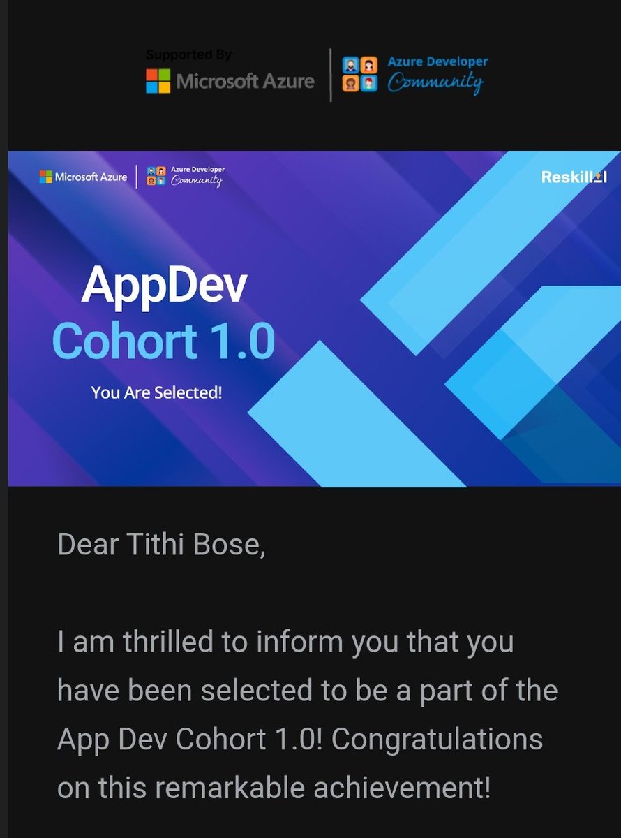 Terbium21's tweet photo. Well well well...
Just got into 2 cohorts. @Reskilll #SheBuildsOnAzure @azdevindia
Looking forward to the rest of July being a learning phase.
Thanks for the opportunity & support! https://t.co/wjlRupBoq9