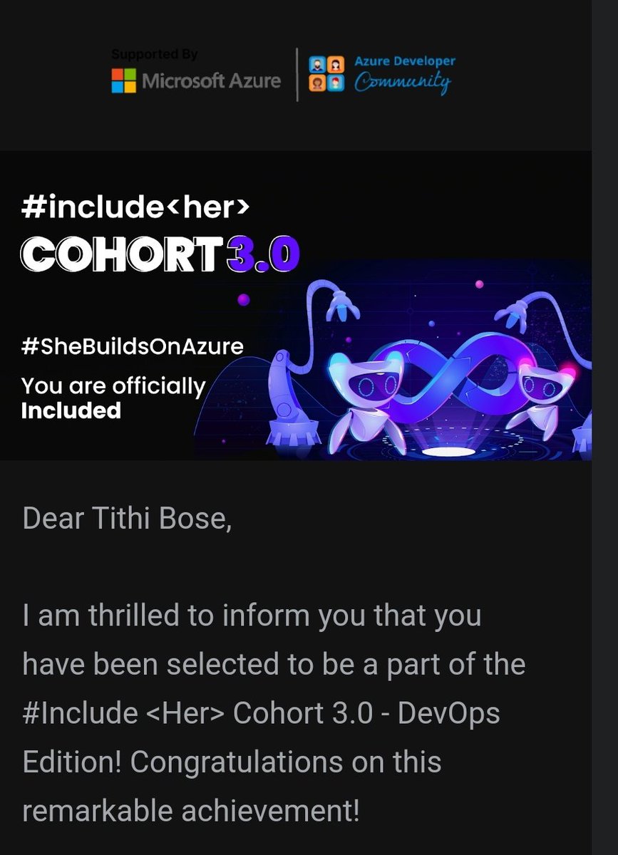 Terbium21's tweet photo. Well well well...
Just got into 2 cohorts. @Reskilll #SheBuildsOnAzure @azdevindia
Looking forward to the rest of July being a learning phase.
Thanks for the opportunity & support! https://t.co/wjlRupBoq9
