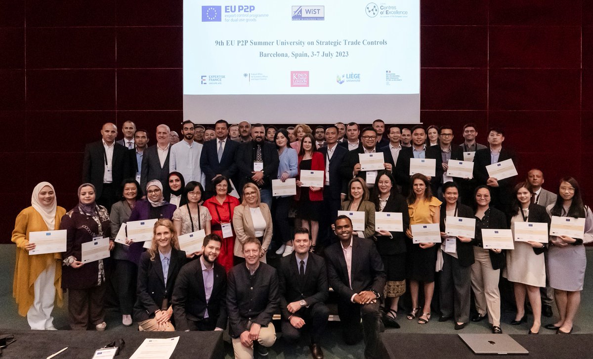 anasancob's tweet photo. Great ending to a great 9th edition of the #EUP2P #SummerUniversity on Strategic Trade Controls in BCN! What a pleasure to be a trainer &amp; discuss #dualuseitems #exportcontrols #licensing #emergintech +much more with participants from 23+ partner countries! Congratulations to all! https://t.co/PkJ3ILgiiB