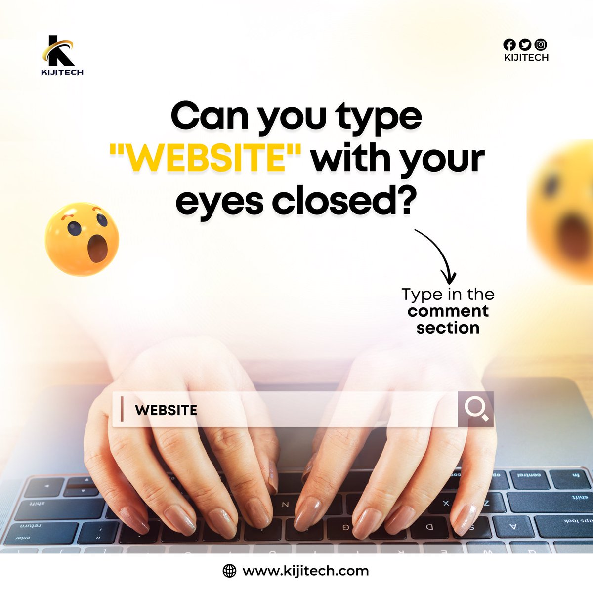 kijitech's tweet photo. Hey Superheroes! Let’s see how well you are familiar with your keyboard🤓
Type WEBSITE with your eyes closed.
#WEDNESDAY #kijitech #WEB3 #web #Website https://t.co/Nwt4ExEQJj