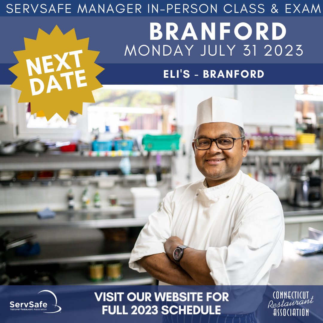ctrestaurant's tweet photo. Need to get or update your ServSafe cert? Our next available class to book is on Monday July 31st, in Branford.

Click here for more information, the full 2023 schedule &amp; to book: https://t.co/mrAvq5vQlU #ServSafe https://t.co/42P58SNooW