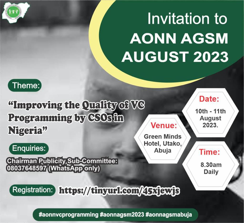 Countdown to the Annual General Scientic Meeting of the Association for Orphans and Vulnerable Children in Nigeria (AONN) at the FCT! 10th-11th of August 2023!
 <a href="/USAIDNigeria/">USAID/Nigeria</a> <a href="/PalladiumImpact/">Palladium</a> <a href="/CSCGforGFF/">Civil Society Coordinating Group for the GFF</a> <a href="/HPDgov/">Health Promotion Nigeria</a> <a href="/CFHInitiative/">Centre for Family Health Initiative (CFHI)</a> <a href="/htyfworldwide/">Heal The Youth Foundation</a> <a href="/EstherThelfid/">Esther Thelfid Foundation</a>